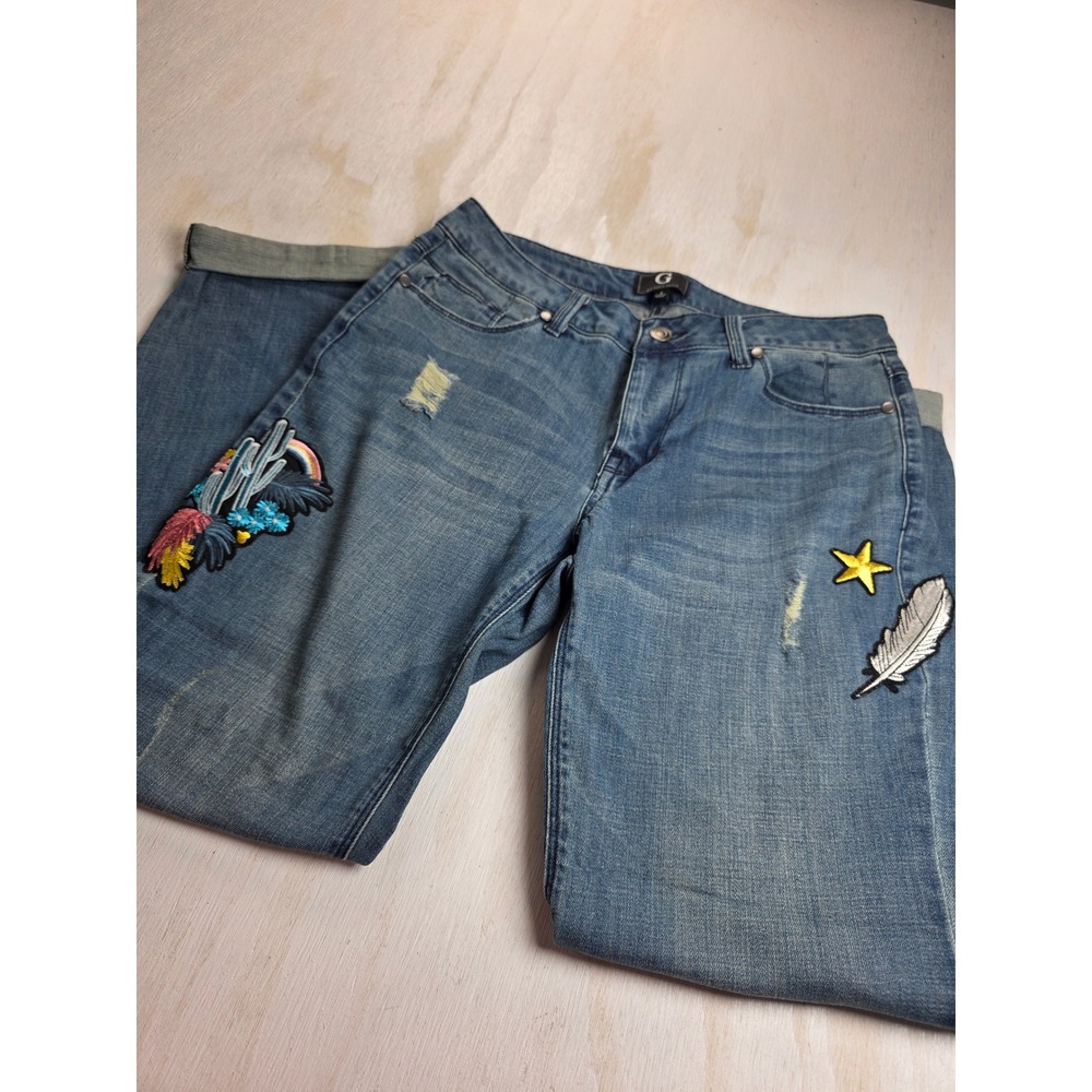G by Giuliana Womens Embroidered Patch Distressed Jeans Boho Festival Size 8